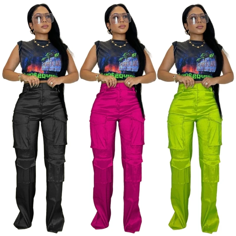 

Women's Casual Cargo Pants High Waist Wide Leg Trousers with Multiple Pockets Dropship