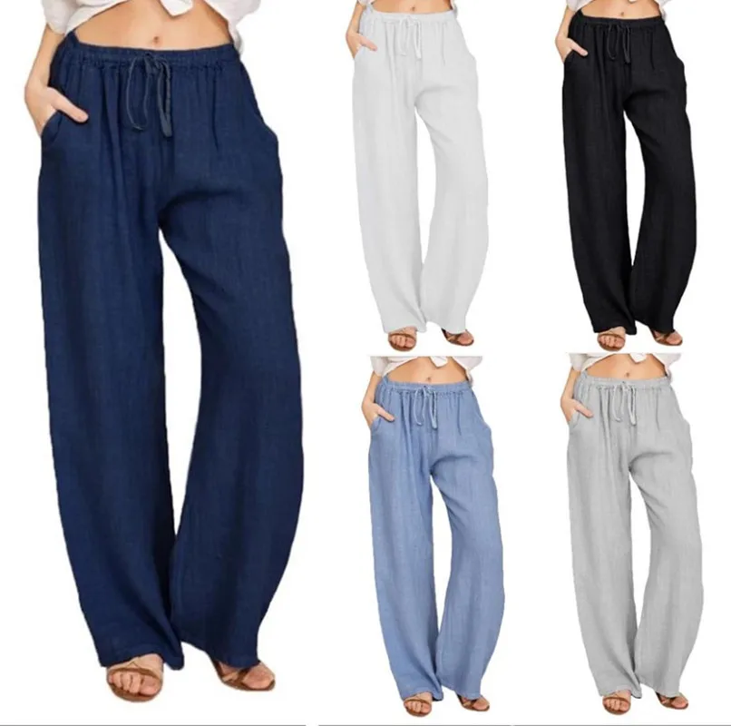 

2023 Summer Women Pants Fashion Cotton Linen Solid Elastic Waist Trousers Female Ankle-length Casual Wide Trousers