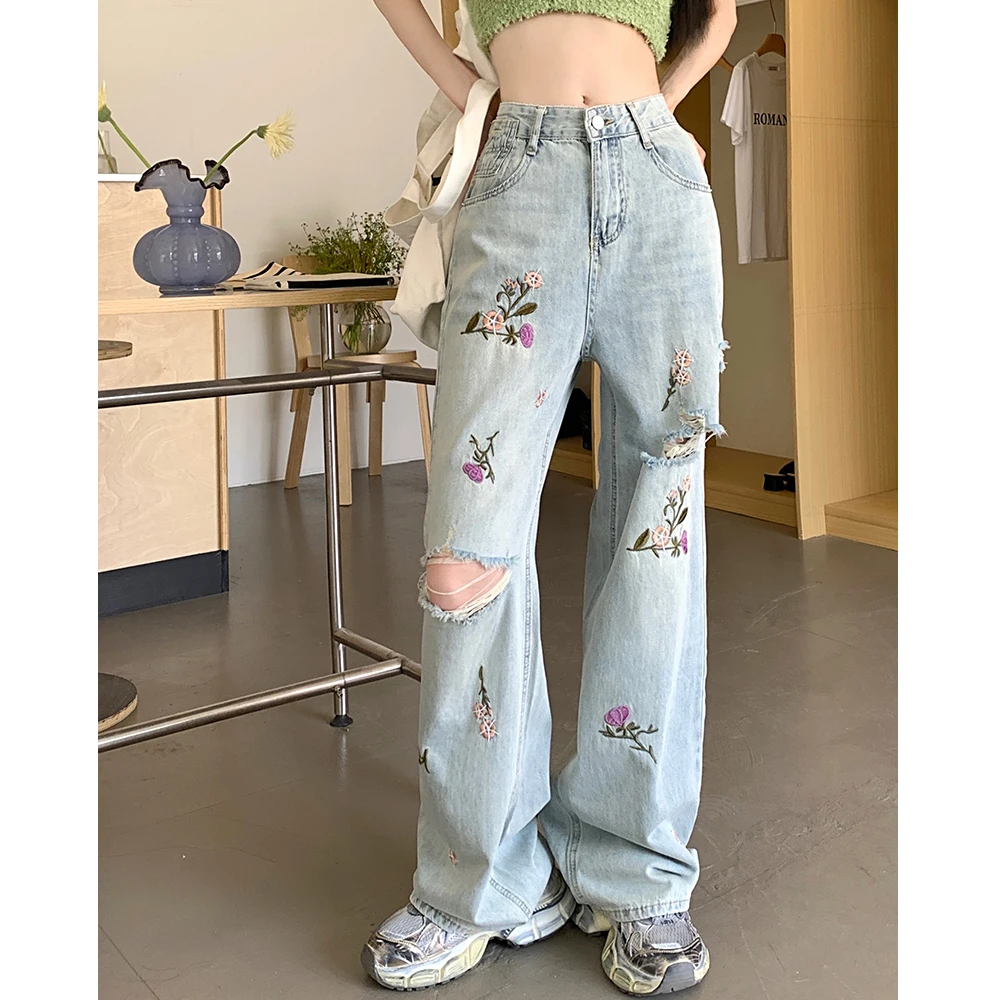 Heavy Industry Flower Embroidery Baggy Jeans Women Fashion Streetwear Hole Loose Straight Denim Wide Leg Pants Summer New