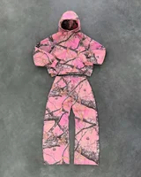 New Y2K Camouflage Pattern Hood Mens and Womens Hip Hop Retro Pink Street Clothing Pullover Punk Casual Camouflage Two Piece Set 2