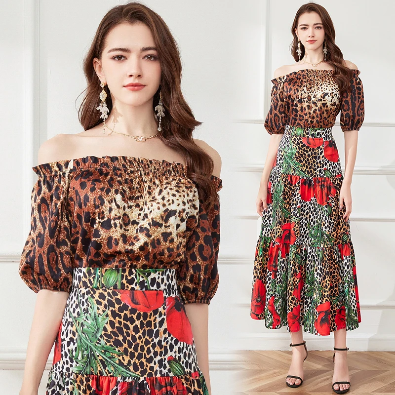

Vacation Sets Leopard Tops and Floral Maxi Skirt Summer Outfit 2023 Women Designer Party Pleated Dress 2 Piece Set Ballgown