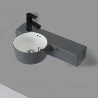 อ่างล้างหน้าเซรามิกติดผนังสำหรับห้องน้ำ อุปกรณ์ห้องน้ำแบบเรียบง่าย เหมาะสำหรับอพาร์ทเมนต์ ดีไซน์แคบ ติดผนัง 4