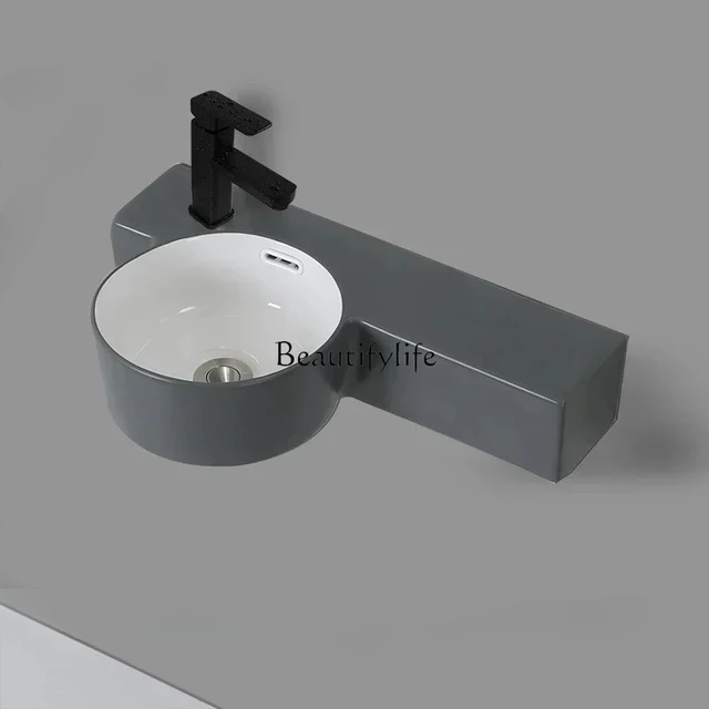 อ่างล้างหน้าเซรามิกติดผนังสำหรับห้องน้ำ อุปกรณ์ห้องน้ำแบบเรียบง่าย เหมาะสำหรับอพาร์ทเมนต์ ดีไซน์แคบ ติดผนัง 4