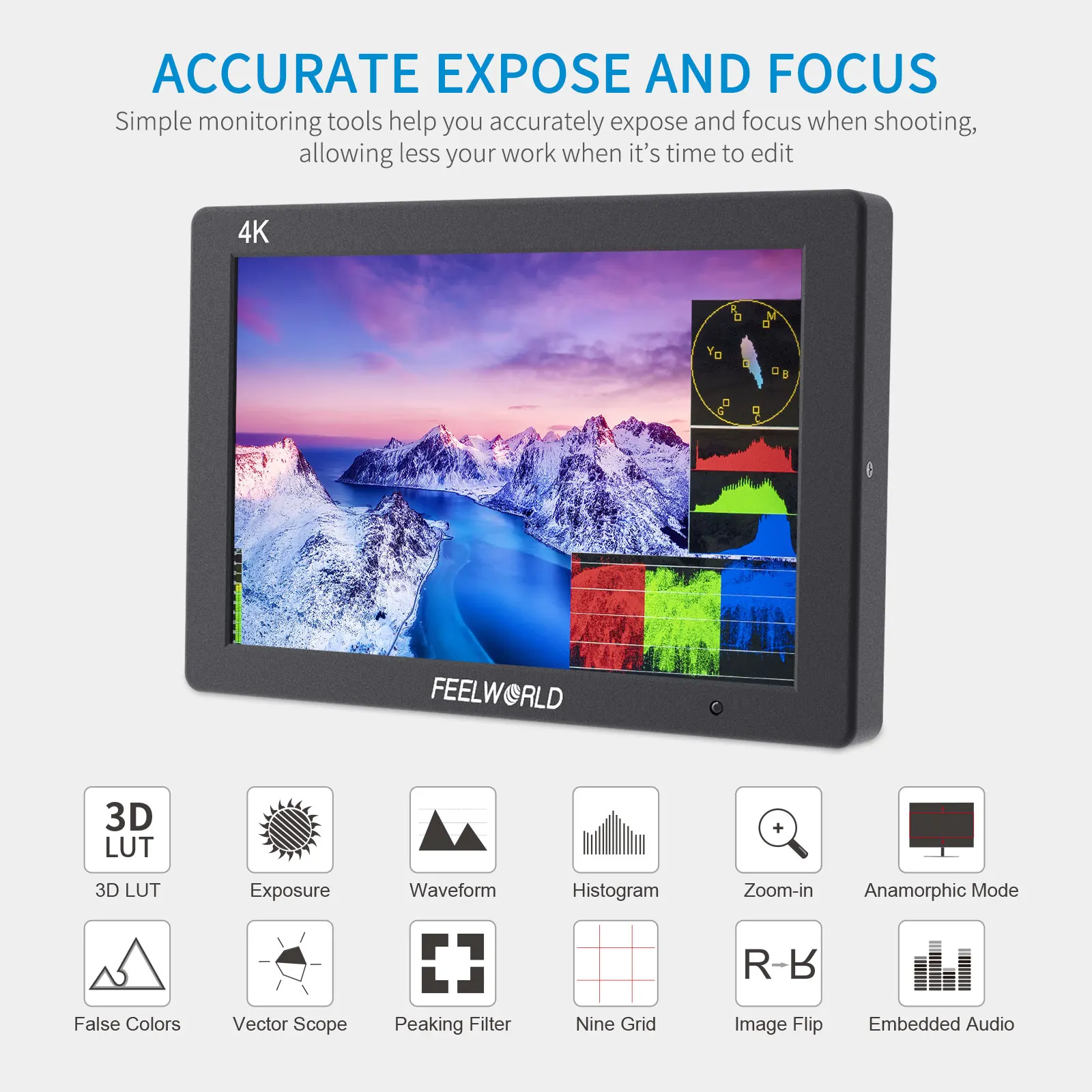 FEELWORLD  ī޶ ʵ  ˷̴ Ͽ¡,  Կ 4K HDMI , 3D LUT IPS, 1920x1200, T7 PLU, 7 ġ