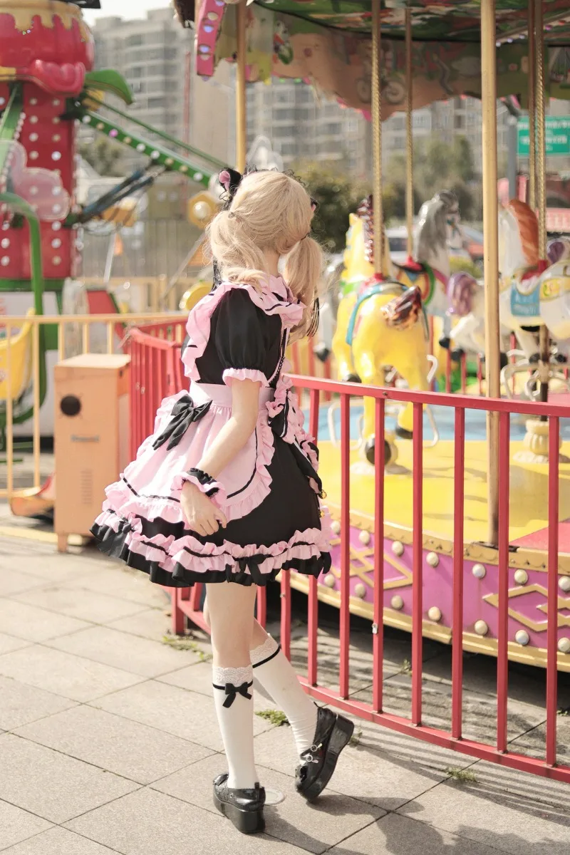 Anime Gothic Lolita JSK Kleid Kurzarm Kawaii Bow Maid Cosplay Harajuku Cute Pink Black 13