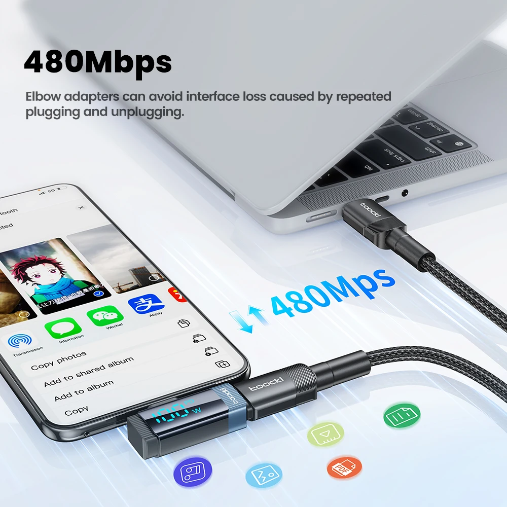 Toocki USB Type C Adapter 100w Fast Charging 480Mbps Data Transfer 90D Elbow Digital Display Connector For Cellphone Accessories type c adapter