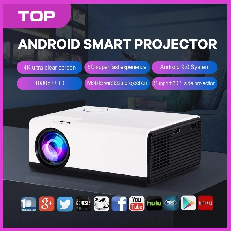 Original T01A HD Projector Android 9.0 5G WiFi Portable Mini Proyector Native 1280x720P Smartphone LED Video Home Cinema Beamer