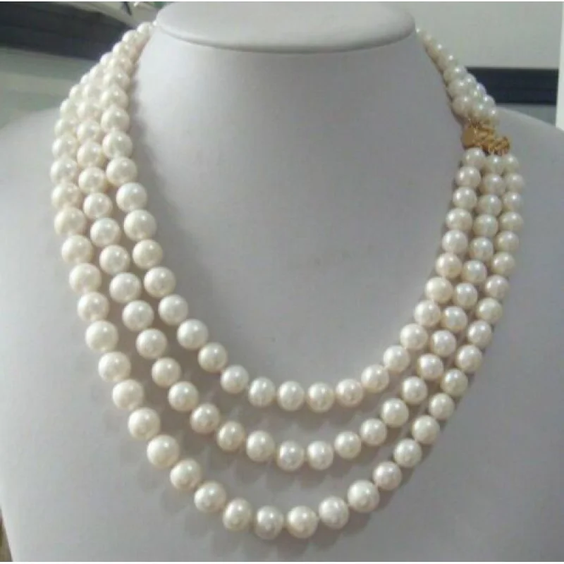 

Ожерелье из трех нитей 8-9 мм, реальное женское ожерелье с белым жемчугом 18-20 дюймов AAA