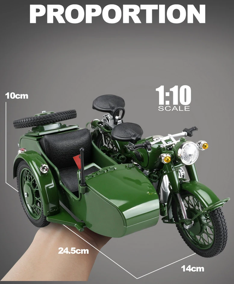Sfeaf7a8fbd7d47dd8fefd8b0d247ce94f with-foam-box: 1/10 Alloy Retro Side-car Motorcycle Model Diecast Metal Classic Military Tricycle Motorcycle Model Sound and Light Kid Toy Gift