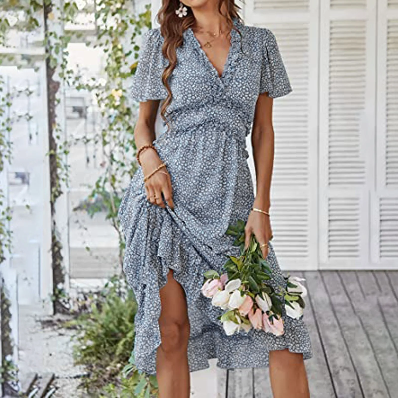 

Msfilia Sexy V Neck Floral Dress Ladies Butterfly Sleeve High Waist Casual Print Dresses For Women Summer Chiffon Dress 2024