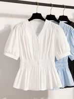 Plus Size Chiffon Blouse Women Summer 2025 New Fashionable V Neck Short Sleeve Big Size Women Tops Elastic Waist Shirts Blouses