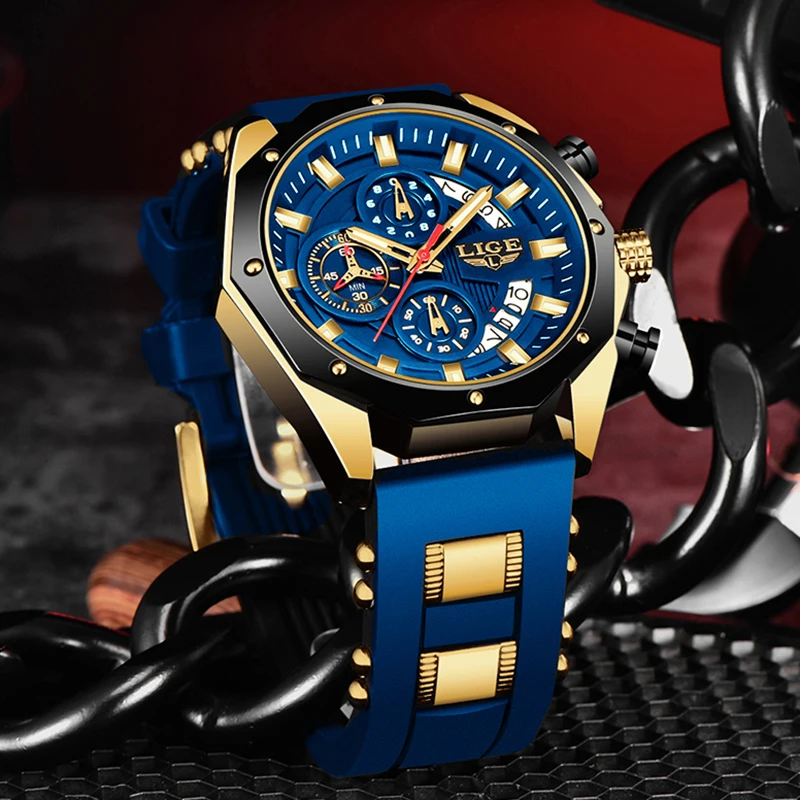 LIGE Fashion Gold Watch Men Casual Business Sports Men's Quartz Wristwatches Silicone Waterproof Date Chronograph Montre Homme