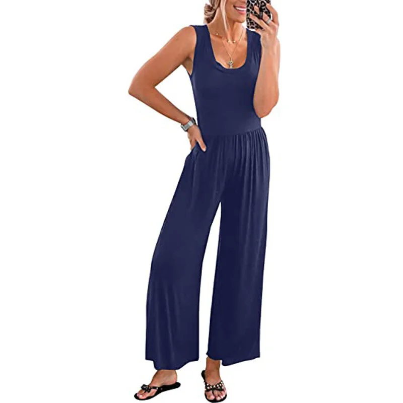 Elegant Woman Jumpsuits Women Casual Loose jumpsuti Sleeveless Tank Jumpsuits High Waist Low Cut Casual O Neck Flare Long