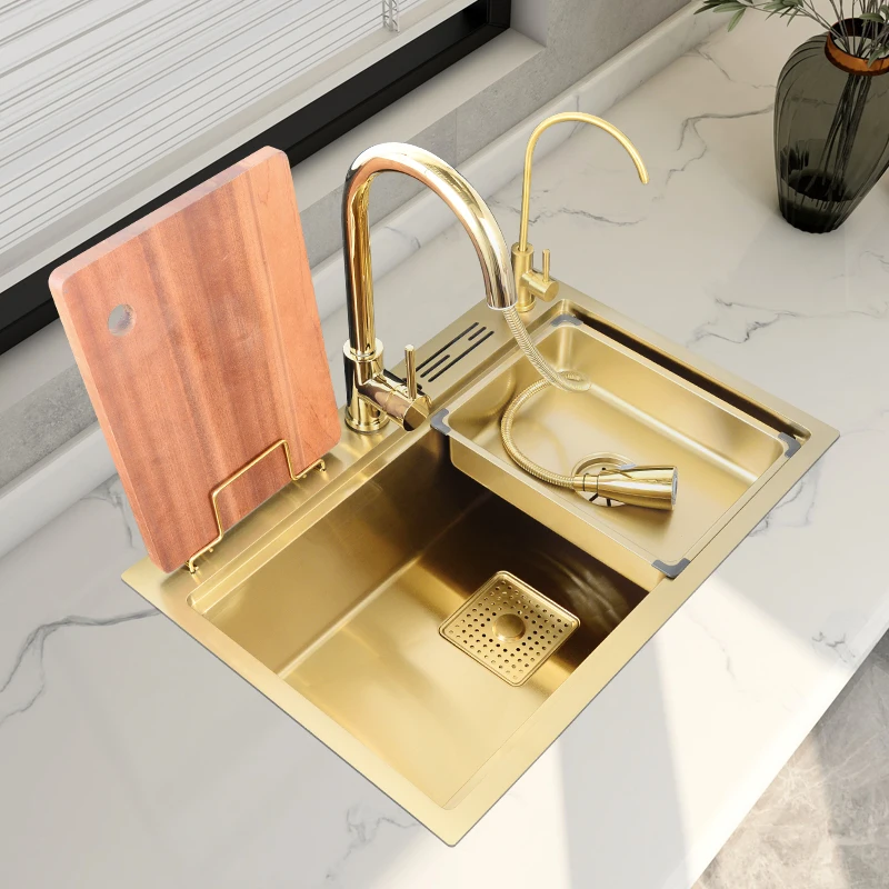 

Gold Kitchen Sink Kitchens Sink Nano Handmade Single Bowl Cocina Cozinha Fregaderos Golden Bowel Bowl Basin Drain Faucet Accesso