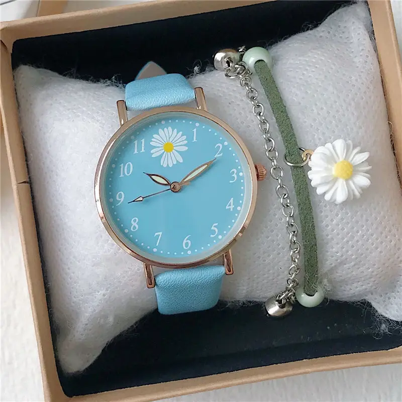 Harajuku Style Daisy Children's Watch Simple Quartz Leather Green Pink Watches for Girls with Bracelet Watch Box Gift Reloj 5