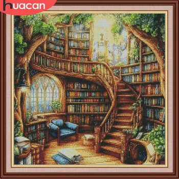 HUACAN Cross Stitch Kits Book Shelf Embroidery Landscape Hobby Craft Dmc Threads 11Ct Picture Printed Canvas Wall Decor 1