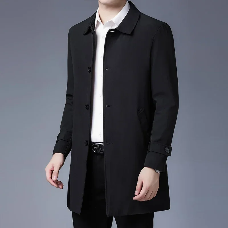 Mens Spring Jacket Men's Business Casual Black Khaki Long Jacket Top Quality Single Breasted Solid Trench Coat