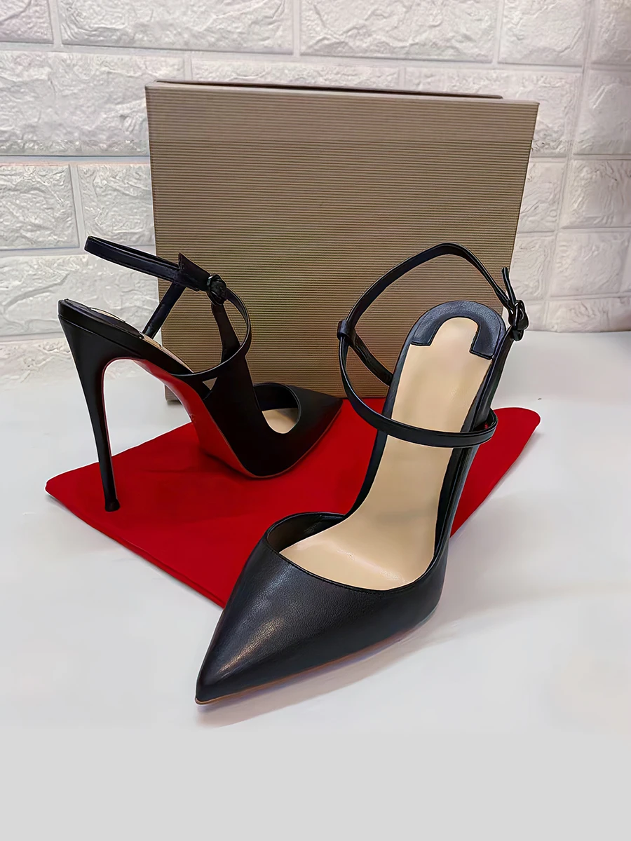 

2024 New Black 12cm Lace Up Ultra High Heel Sandals Sexy Thin Heel Pointed Red Sole Shoes Elegant Single Shoes