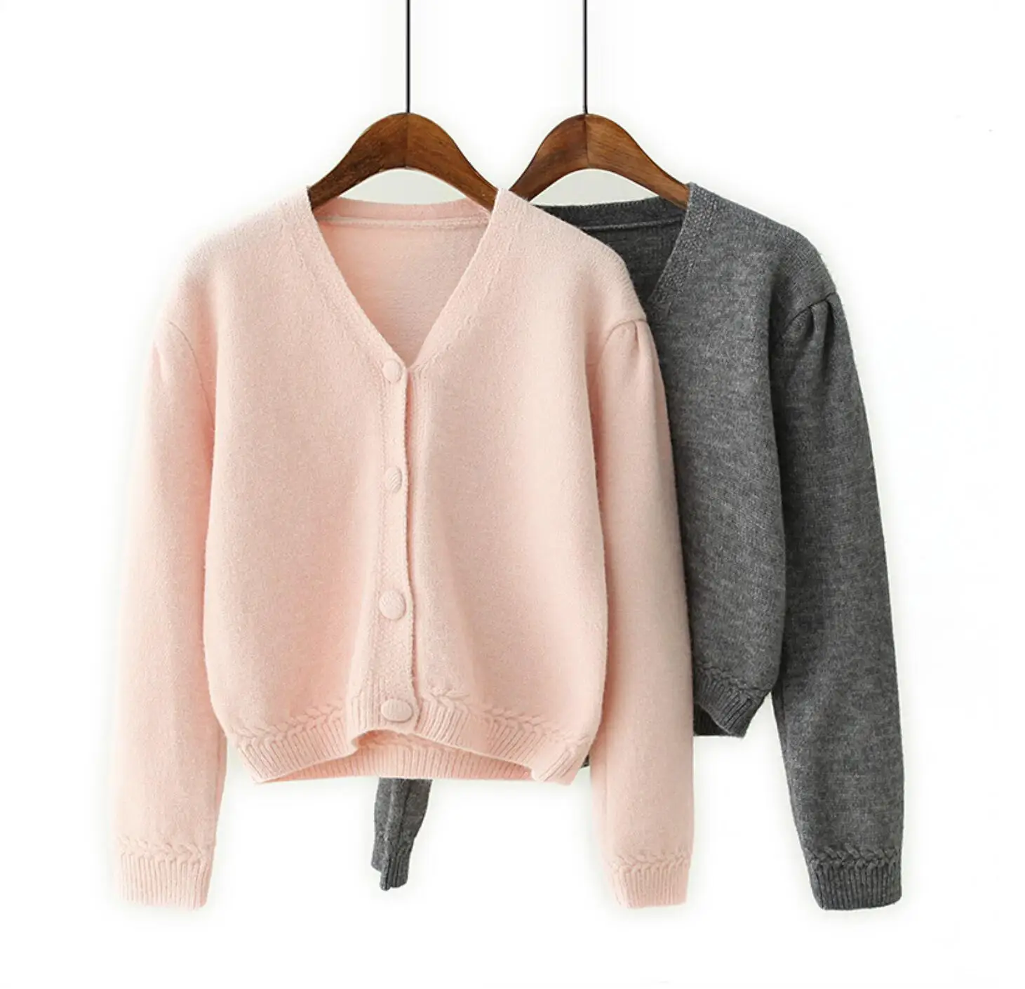Retro Pink Center buttons Knitted Women Cardigan Gray Vintage French Puff Sleeve Cropped Sweaters Casual Jumper Knit