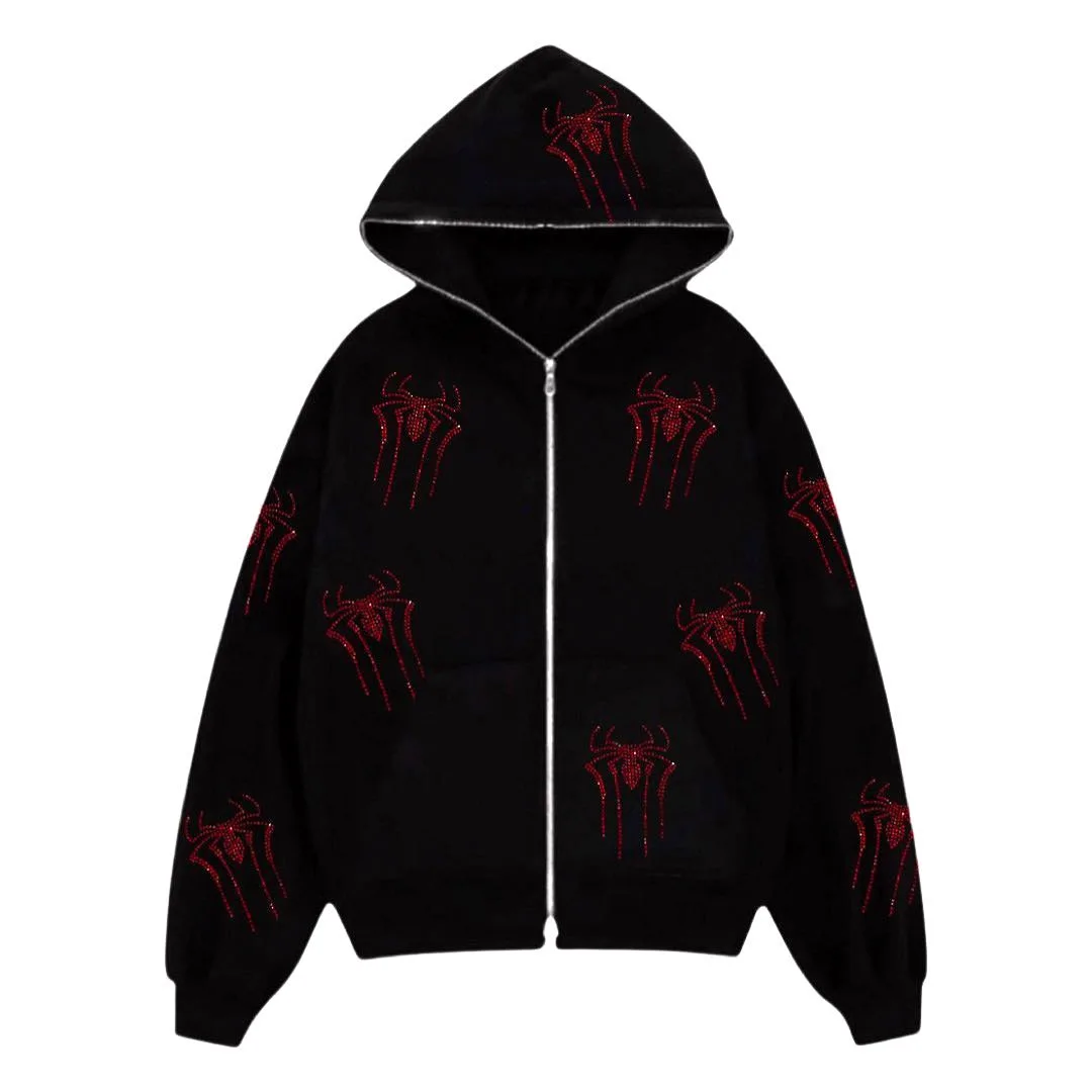 

Autumn Rhinestone Skull Spider Print Hooded Dark Academia Grunge Zip Up Sweatshirt Punk Gothic Coat Y2K Top Unisex Streetwear