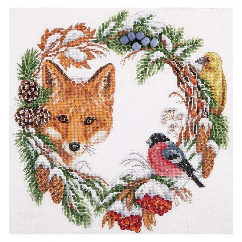Amishop Gold Collection Conted Cross Stitch Kit Winter Wreath Fox Robins Fruit Flower Wreath Panna Ps-1775