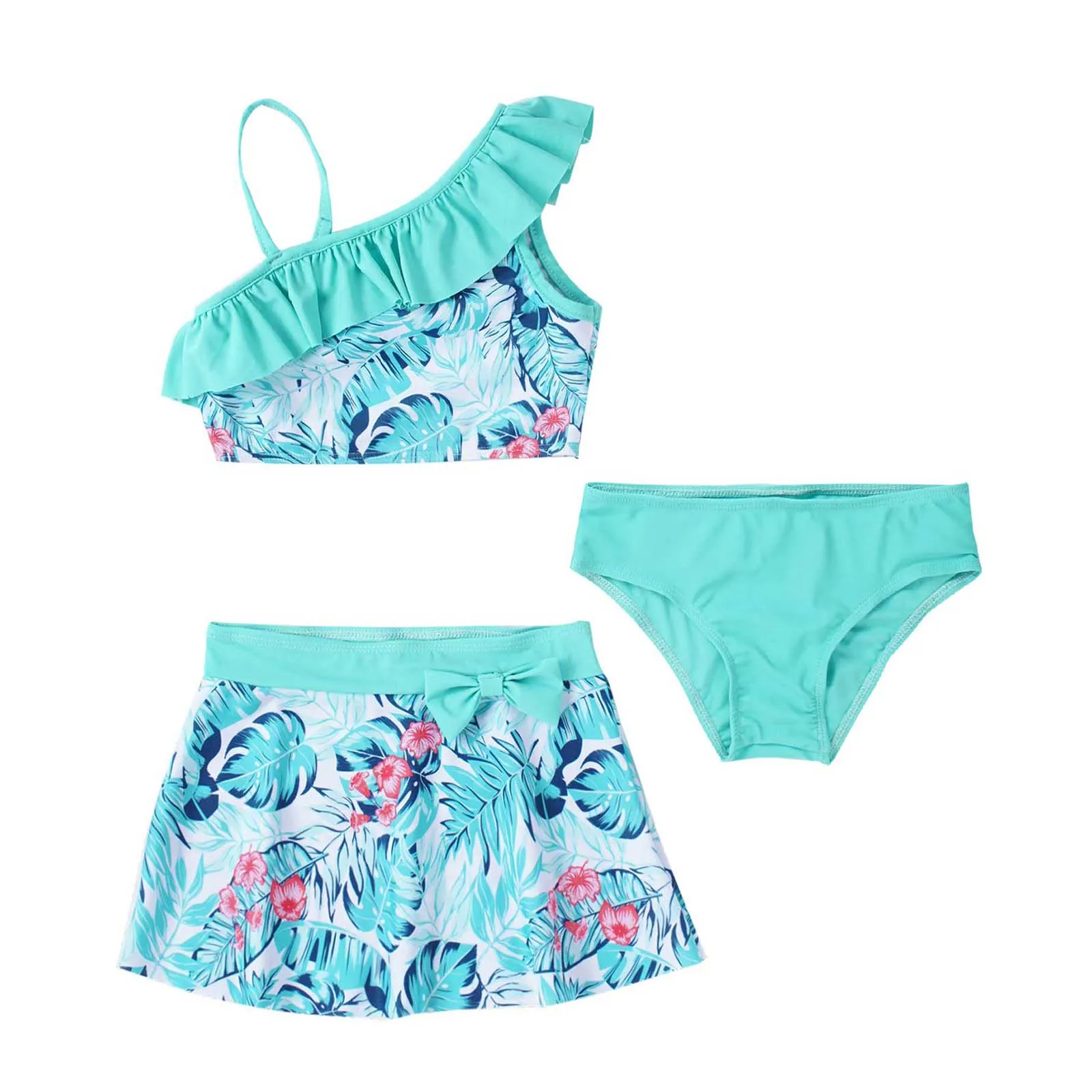 

Kids Girls Swimsuits Outfits 3Pcs Floral Oblique Shoulder Ruffle Vest Crop Tops with Bikini Briefs and Skirts Children Swimwear
