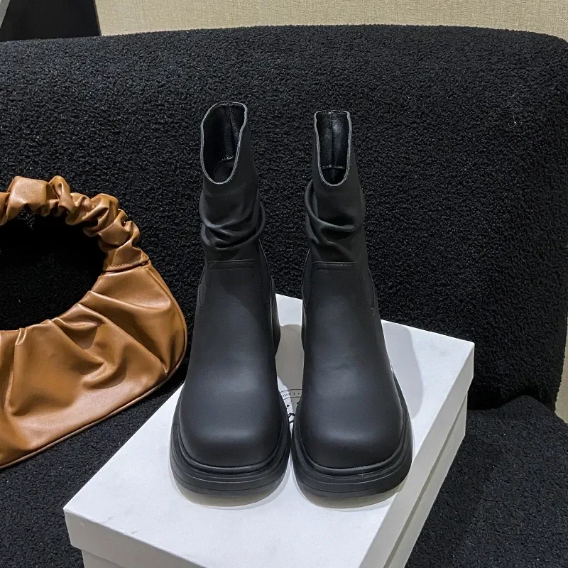NEW British Style Round Toe Platform Womens Short Boots Soft Leather Pleated Slip-On Thick High Heels Ankle Boots Female Shoes