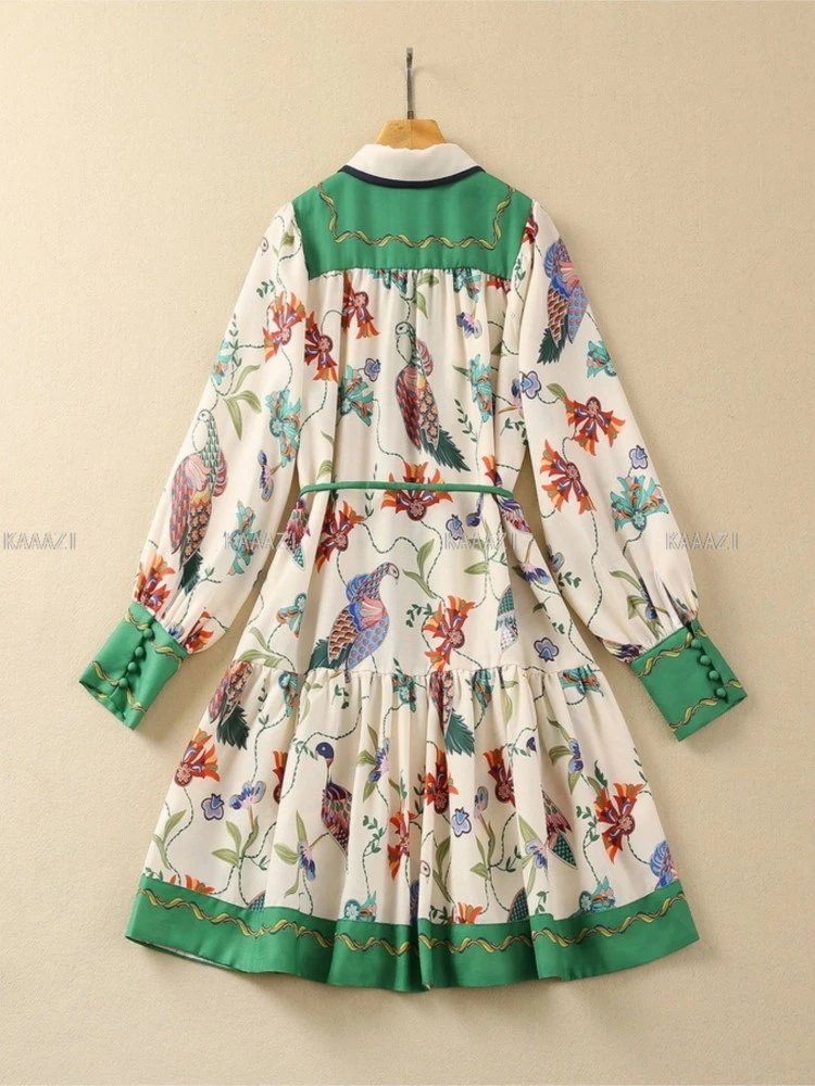

Polo Neck Long Sleeve Short Dress Women Vintage Print Fashion Mini Dresses Casual Female Elegant Summer Holiday Vestido Mujer