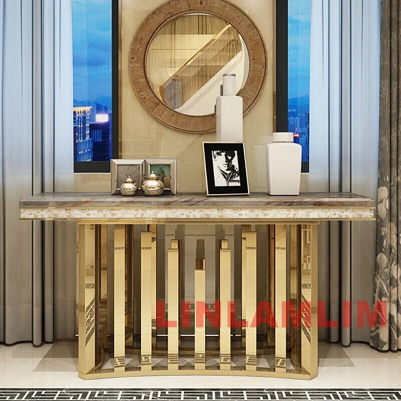 MINGDIBAO Dining Side Table with Sticking Seashells, Natural Marble Stainless Steel End Table, Handmade Coastal Style Furniture