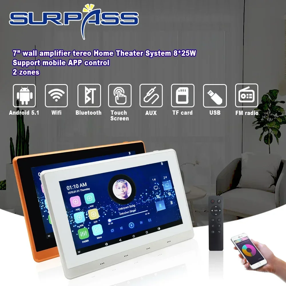 Amplificatore Da 7 Pollici Bluetooth Wifi Touch Screen Android 5.1 Amplificatore Da Parete Audio Sistema Audio Home Theater Riproduzione Musicale 8 X2