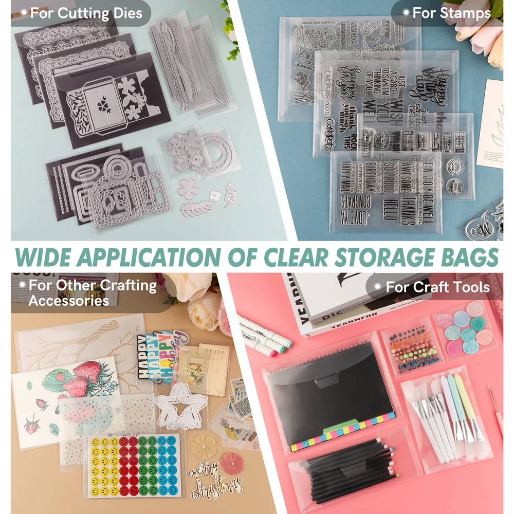 10pcs Various Sizes Clear Stamp & Die Storage Bag Resealable Plastic Envelopes Pockets for Cutting Dies Stencil Crafts Organizer
