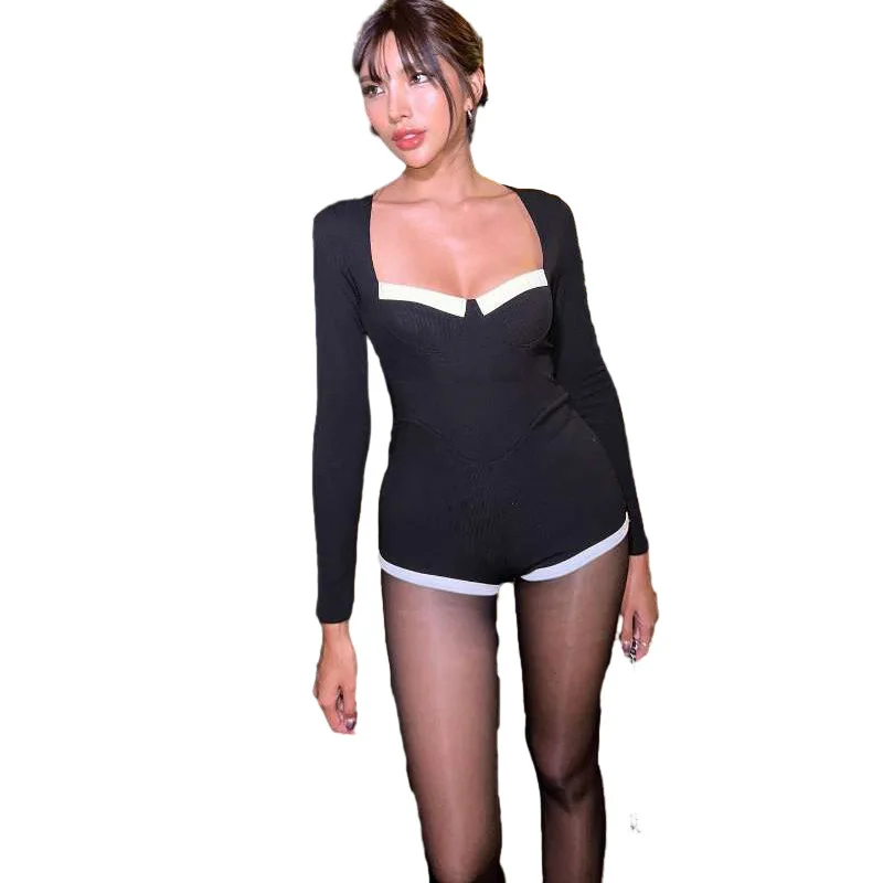 Style Autumn and Winter New Women's Sexy Low-Cut Fashion Contrast Color Bottoming Knitted Casual Jumpsuit for WomenCok