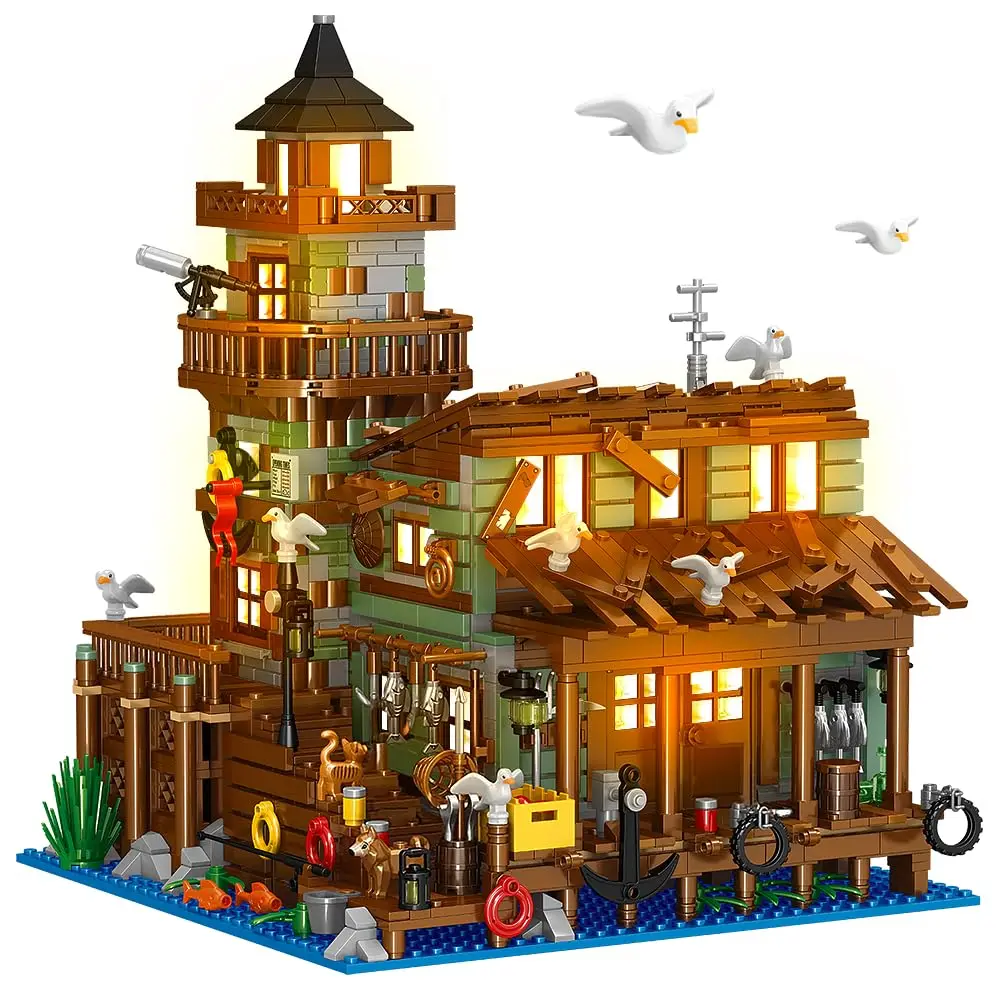 

Creative Micro Fisherman Cabin Wharf Wooden House Building Blocks Street View Fishing Village Bricks Assemble Toys Gift For Kid