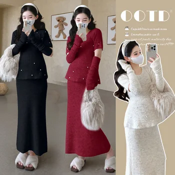 Maternity Suit Autumn French Elegant Gentle Slimming Beaded Short Sleeve Sweater And Knitted Skirt Plus Gloves Three Piece Set