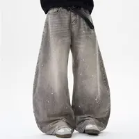 Printemps et automne rétro lavé Vintage gris Splash encre couteau incurvé jean pour hommes et femmes marque à la mode américaine rue lâche P 1