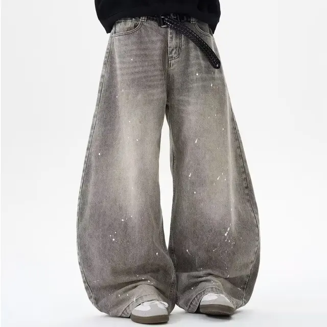 Printemps et automne rétro lavé Vintage gris Splash encre couteau incurvé jean pour hommes et femmes marque à la mode américaine rue lâche P 1