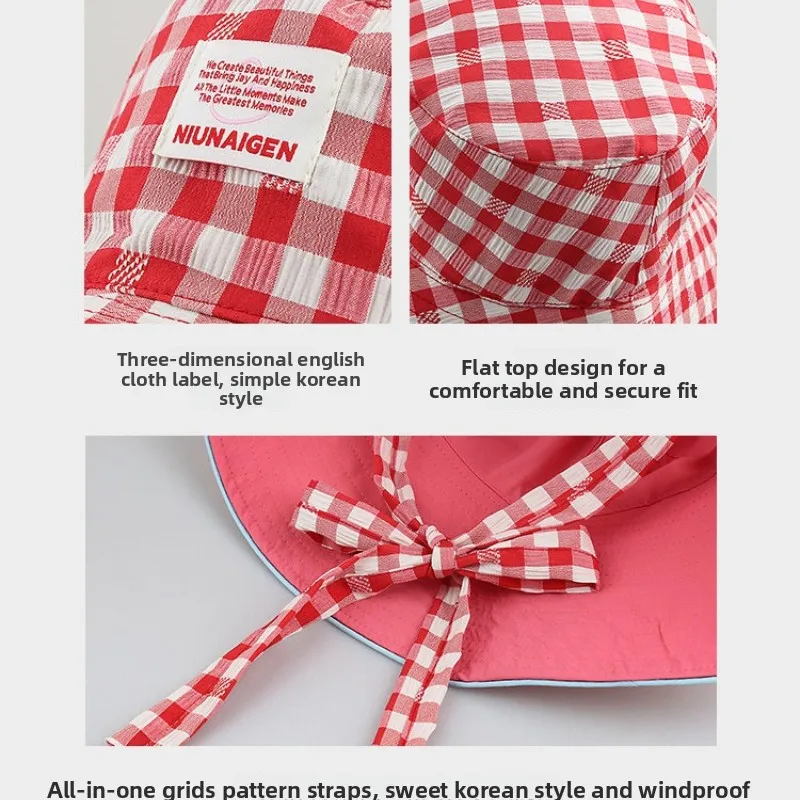 1 Stück Retro Ins Süßer Karierter Bucket Hat mit Bindeband für Damen, Sommer-Sonnenhut mit Breiter Krempe, Doppelseitig Tragbar, Vielseitiger Fischerhut für Reisen – Detail 8