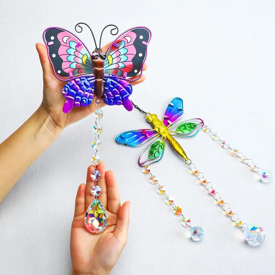 Stained Glass Window Hanging Suncatcher with Crystals Butterfly Dragonfly Sun Catchers Garden Decoration Prism Rainbow Maker