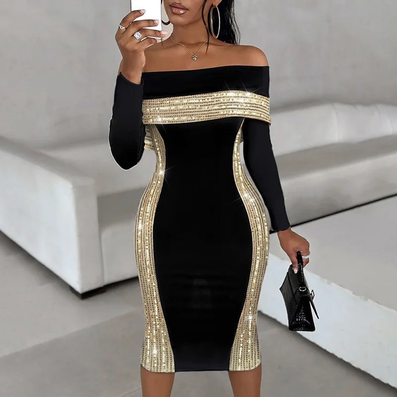 

Sequins Patchwork Bodycon Midi Evening Party Dress Women Elegant Sexy Off Shoulder Long Sleeve Back Split Sheath Clubwear Robe