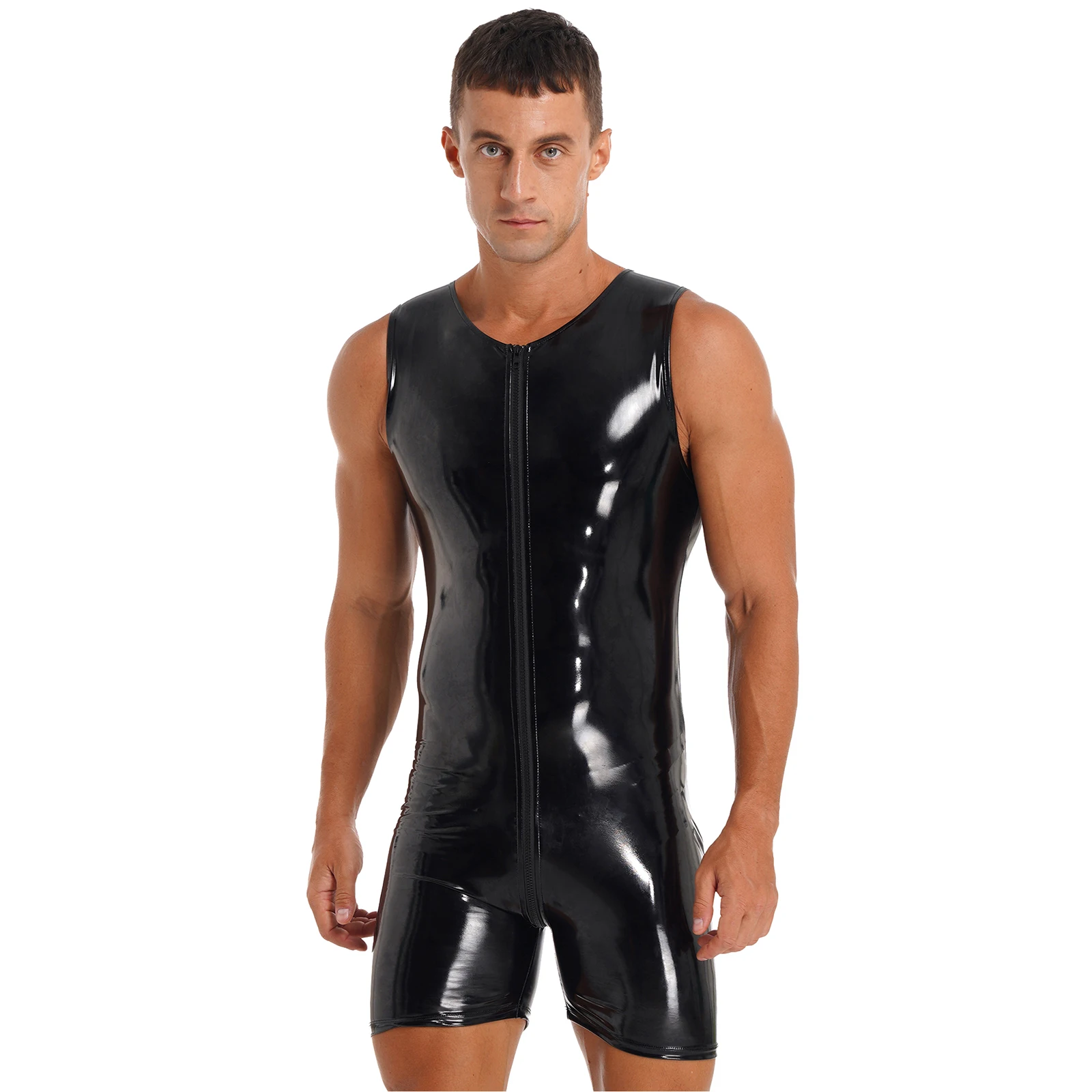 Mens Lingerie Mens Lingerie Zipper Patent Leather Bodysuit Glossy Round Neck Sleeveless Jumpsuits Black Clubwear for Pole Dancing Rave Party mens lingerie