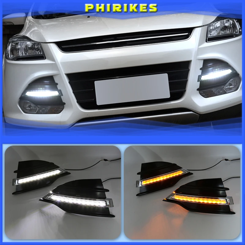 

12V LED DRL Daylights For Ford Kuga Escape 2013 2014 2015 Yellow Turn Signal Daytime Running Light Car Foglamp