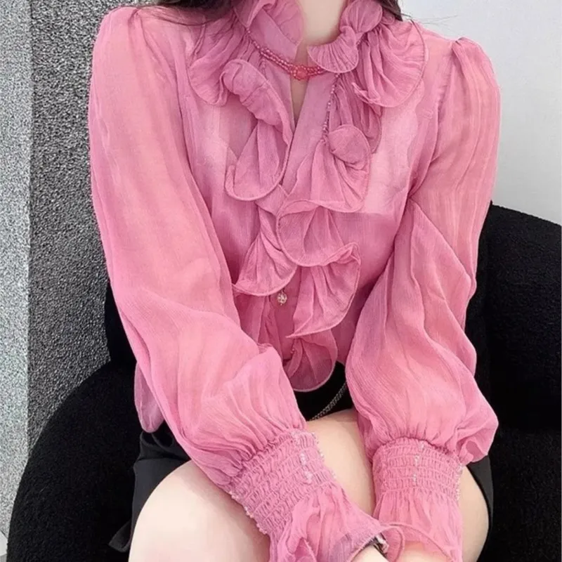 Beautiful Small Shirt Light Luxury Minority Unique Chic Pink Wooden Ear