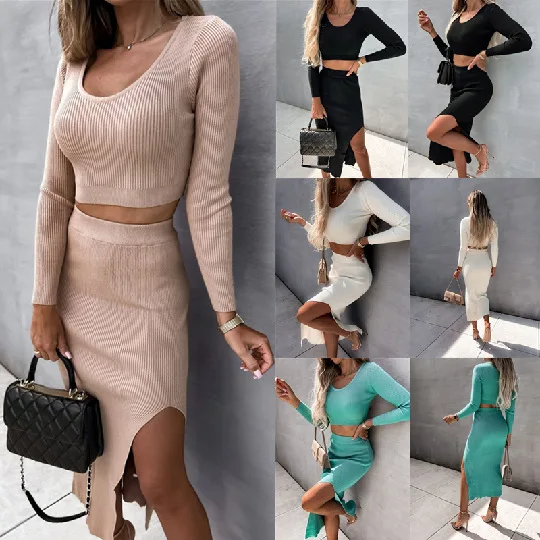 

Fall Winter Fashion Women New Solid Thread Long Sleeve Sexy Split Long Skirt Two Piece Sets Elegant Office Ladies Knitted Suits