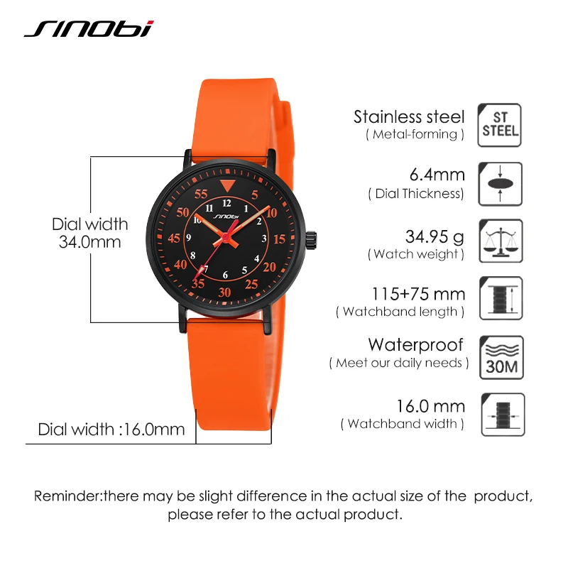 SINOBI New Design Women's Watches Fashion Sports Womans Quartz Wristwatches Orange Rubber Strap Ladies Clock Relogio Feminino