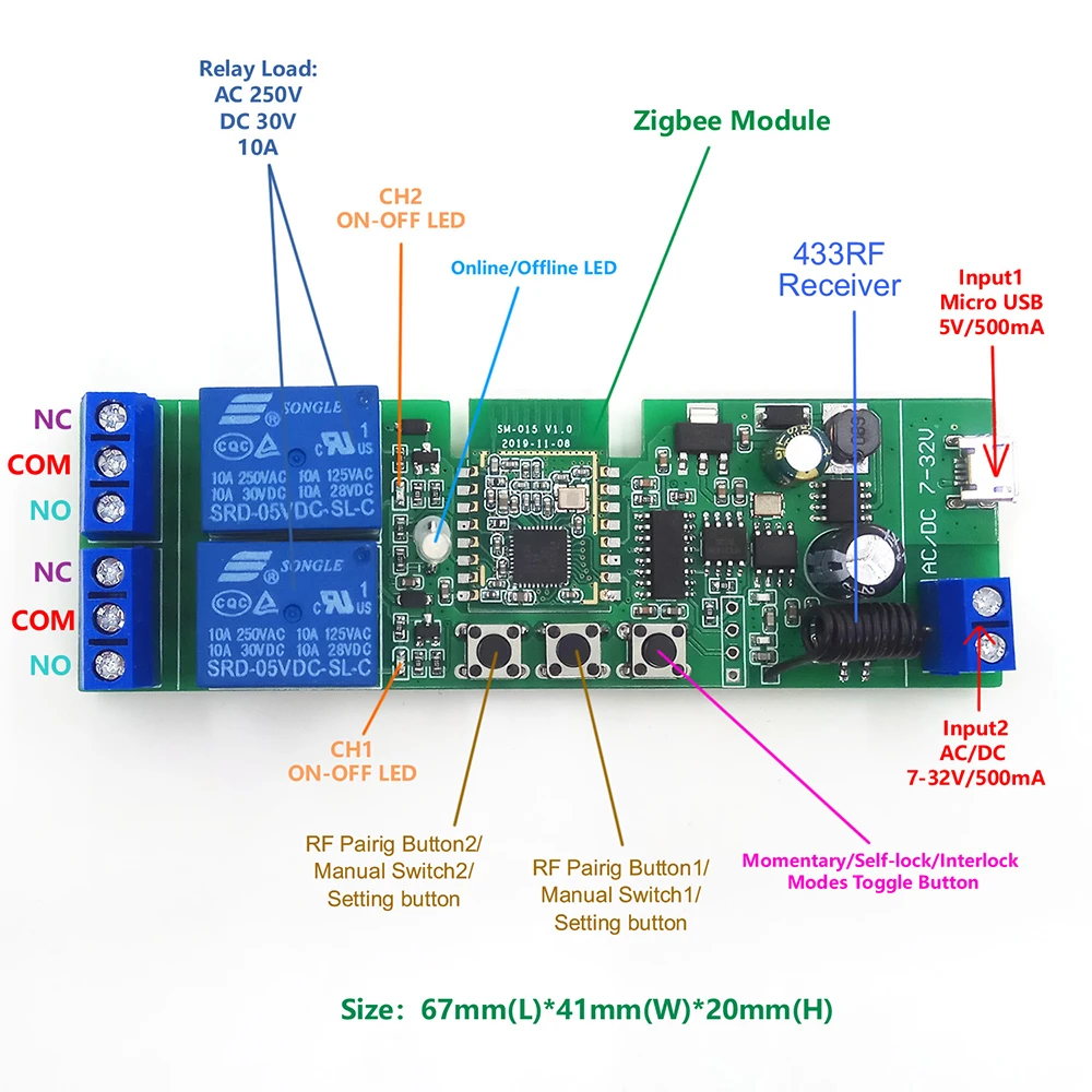 Smart Switch Smart Switch Module Zigbee eWelink 1 Channel AC/DC 7-32V USB 5V RF/APP
