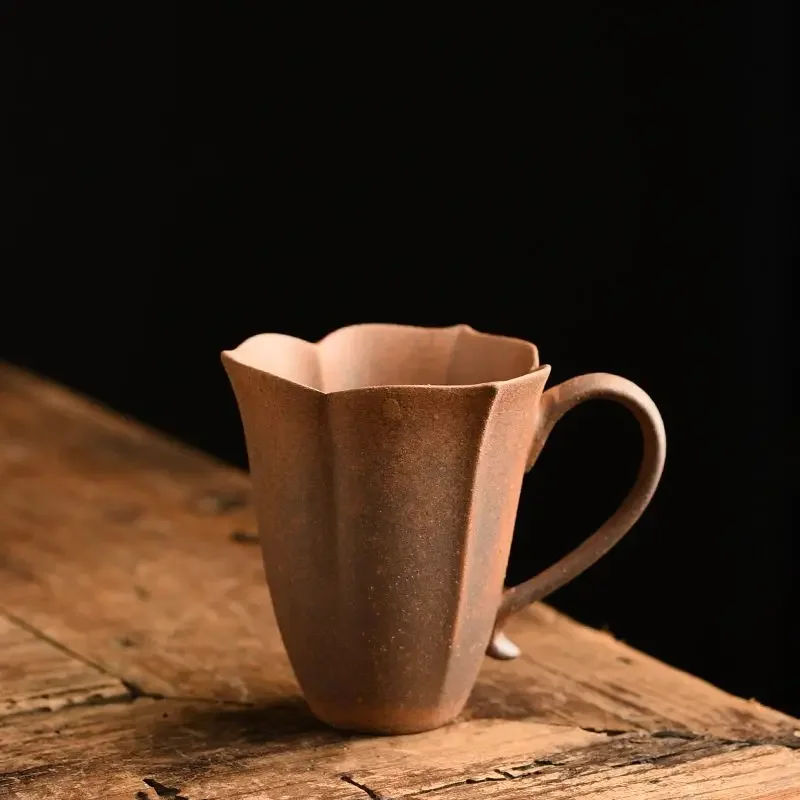1pc Rough pottery teacup light luxury master cup anti-scald high value petal cup tea cup old rock clay ancient style beauty cups
