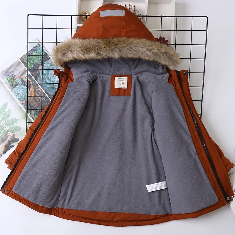 Boys Coats Autumn Winter Fashion Hooded Fur Children's Plus Velvet Warming Cotton Outerwear For Kids Jacket 5-14 Years - 4