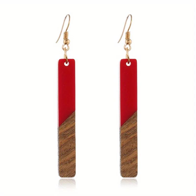 Wood Splicing Creative Resin Earrings Women Rectangular Pendant Creative Earrings Lightweight Wood Resin Earring Girls pendant earrings