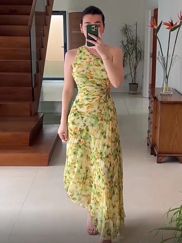 

Women's Romantic Floral Print Maxi Dress Summer One Shoulder Flowy A Line Pleated Dress for Wedding Guest Bridesmaid Nigth Out