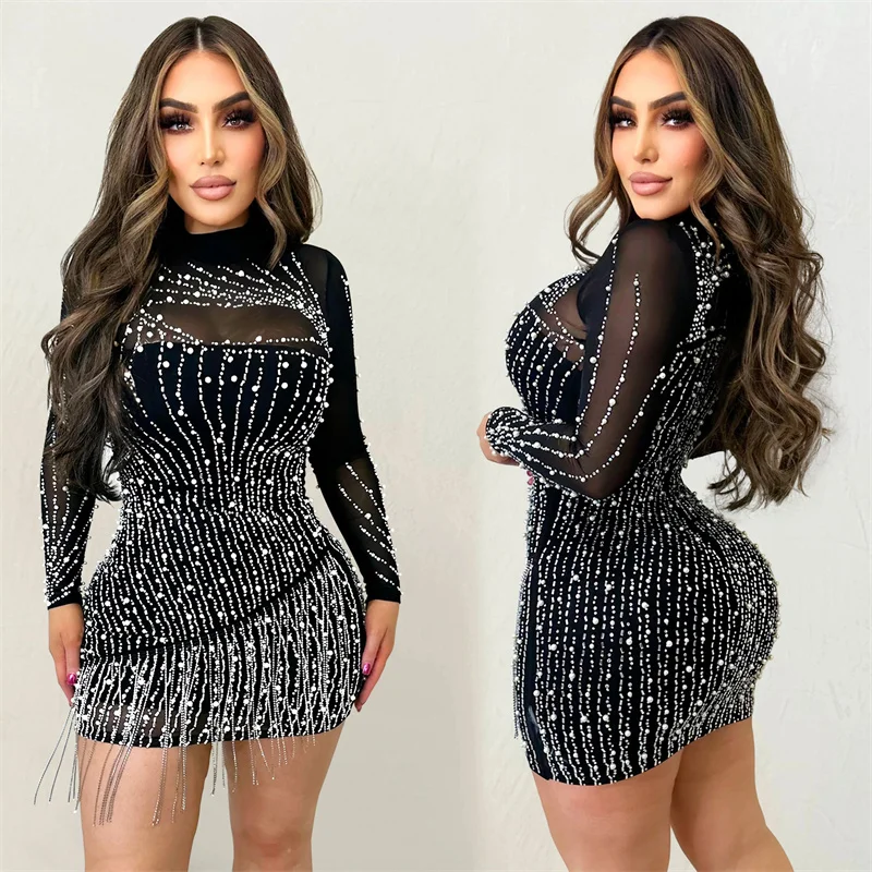 

Sparkly Diamonds Rhinestones Tassel Birthday Dress for Women Nightclub Party Sheer Mesh Patchwork Long Sleeve Bodycon Dress Robe